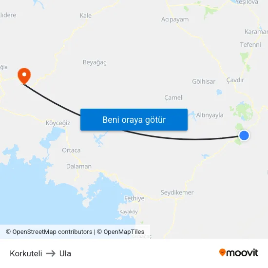 Korkuteli to Ula map