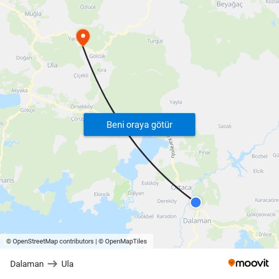 Dalaman to Ula map
