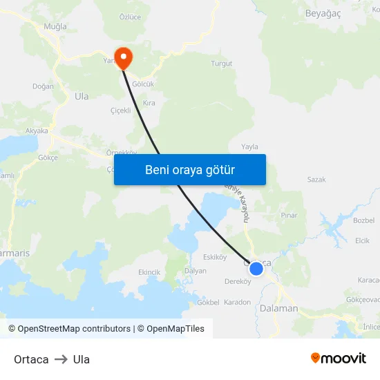 Ortaca to Ula map