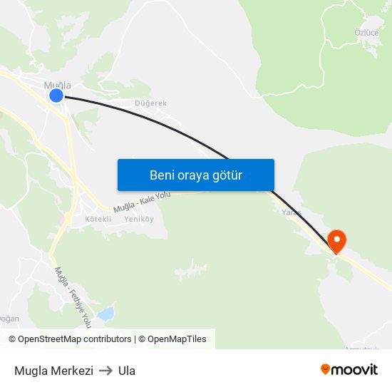 Mugla Merkezi to Ula map