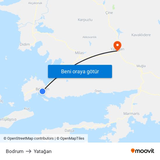 Bodrum to Yatağan map