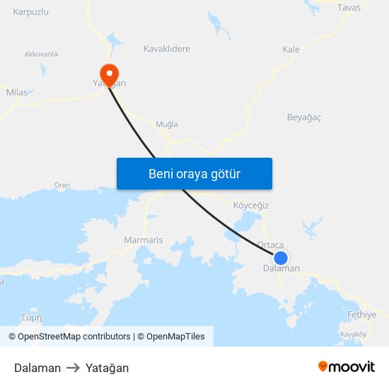 Dalaman to Yatağan map