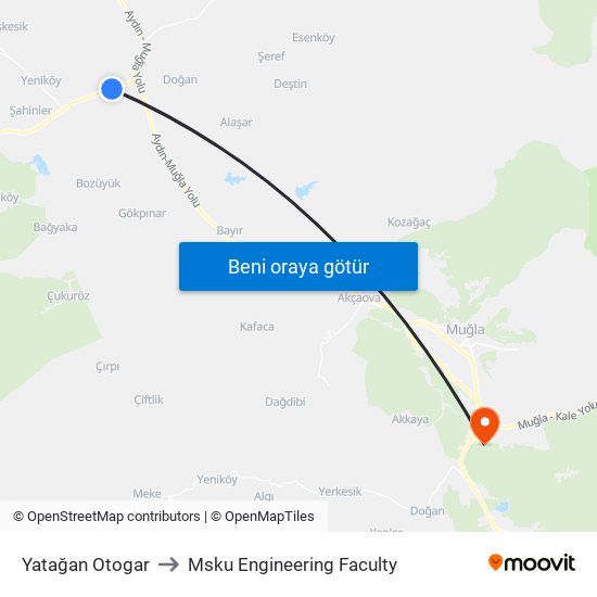 Yatağan Otogar to Msku Engineering Faculty map