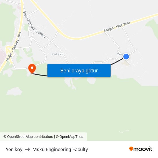 Yeniköy to Msku Engineering Faculty map