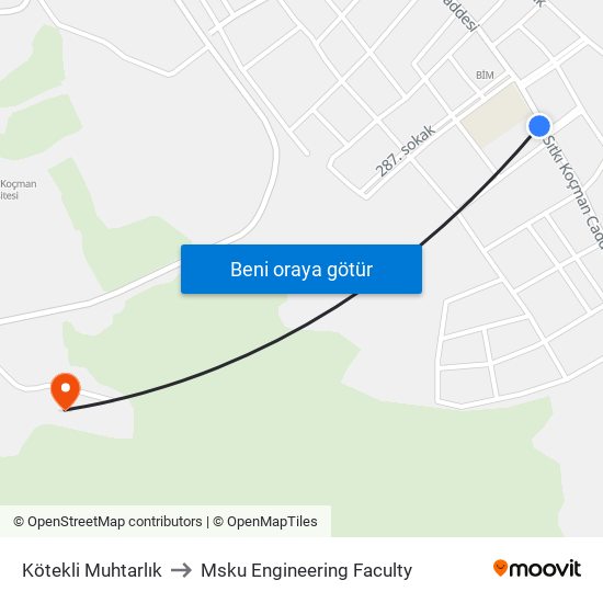 Kötekli Muhtarlık to Msku Engineering Faculty map