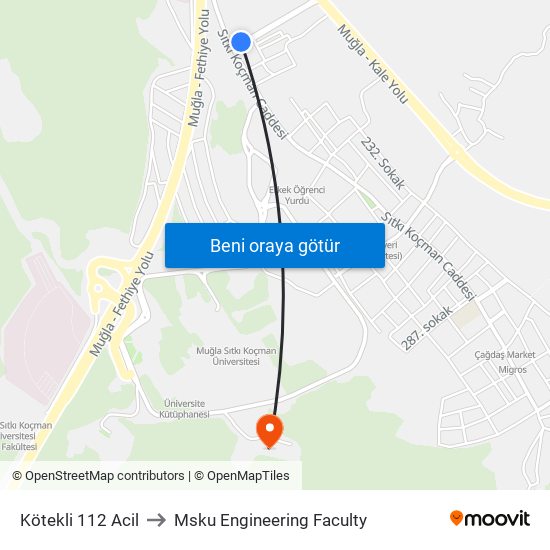 Kötekli 112 Acil to Msku Engineering Faculty map