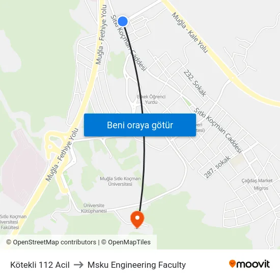 Kötekli 112 Acil to Msku Engineering Faculty map