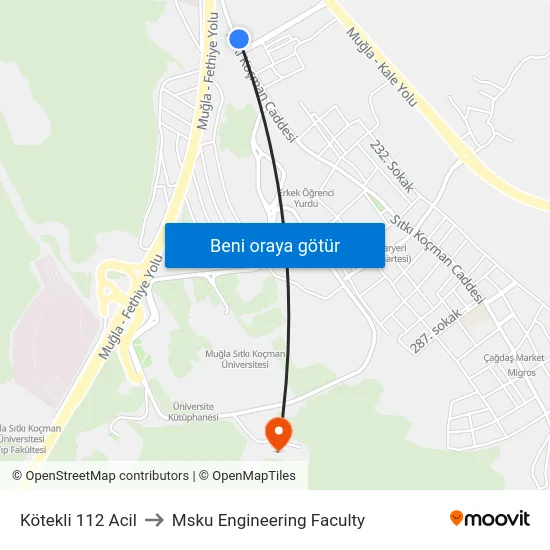 Kötekli 112 Acil to Msku Engineering Faculty map