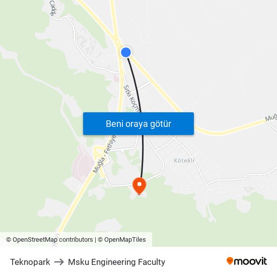 Teknopark to Msku Engineering Faculty map