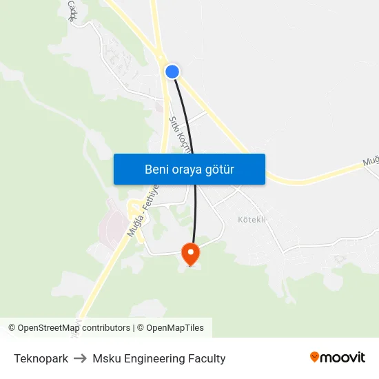 Teknopark to Msku Engineering Faculty map