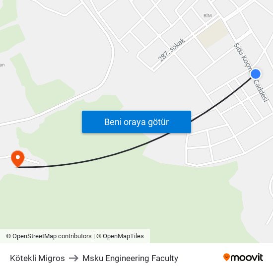 Kötekli Migros to Msku Engineering Faculty map