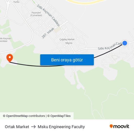 Ortak Market to Msku Engineering Faculty map