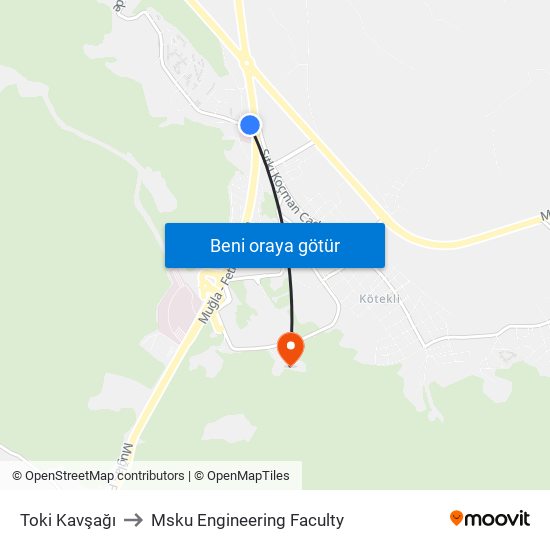 Toki Kavşağı to Msku Engineering Faculty map