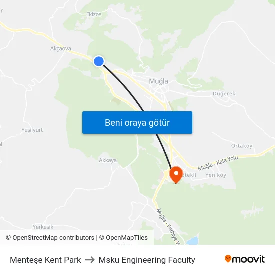 Menteşe Kent Park to Msku Engineering Faculty map