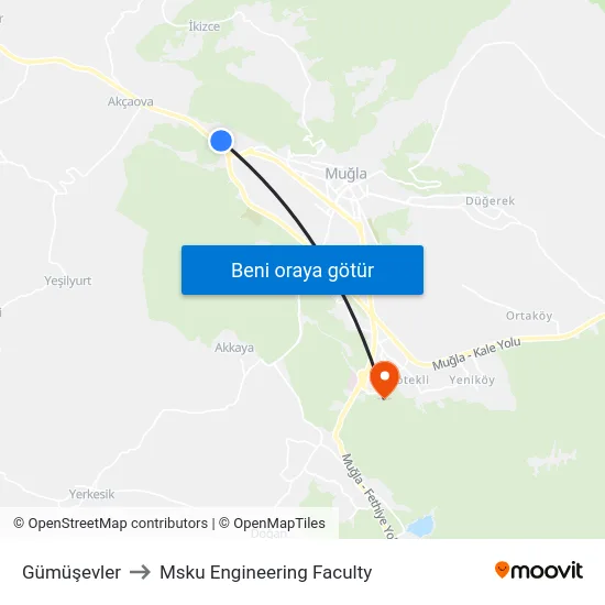 Gümüşevler to Msku Engineering Faculty map
