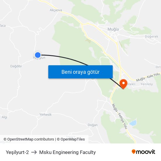 Yeşilyurt-2 to Msku Engineering Faculty map