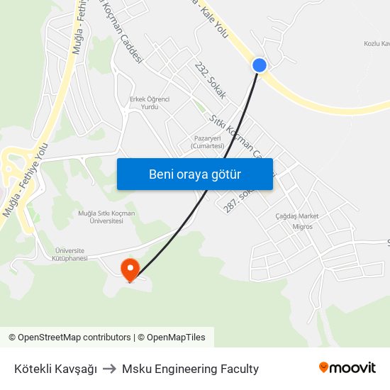 Kötekli Kavşağı to Msku Engineering Faculty map