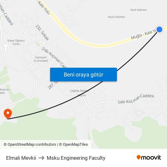 Elmalı Mevkii to Msku Engineering Faculty map