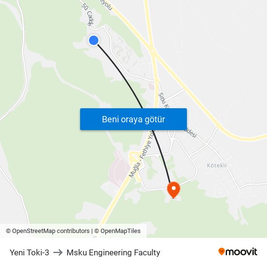 Yeni Toki-3 to Msku Engineering Faculty map