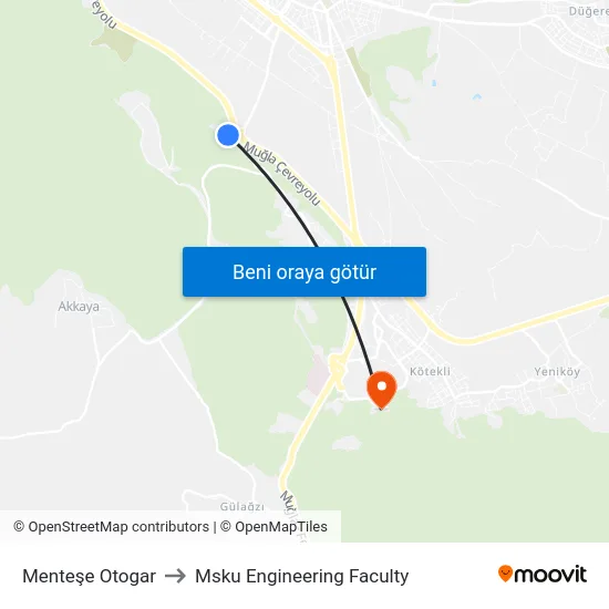 Menteşe Otogar to Msku Engineering Faculty map