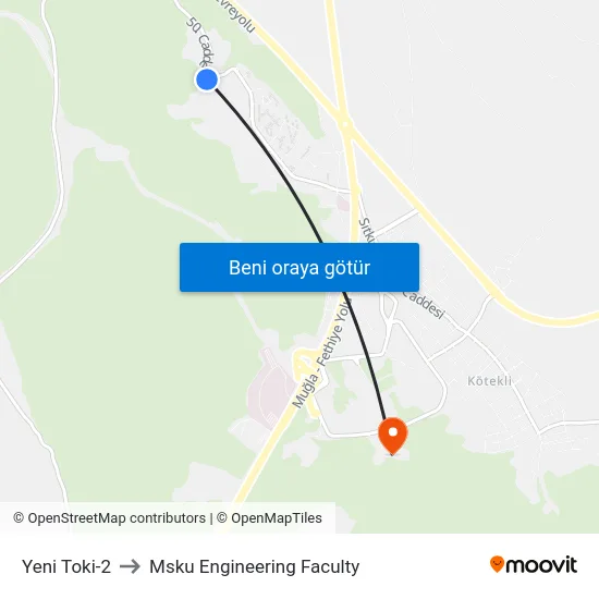 Yeni Toki-2 to Msku Engineering Faculty map