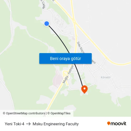 Yeni Toki-4 to Msku Engineering Faculty map