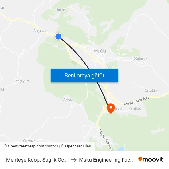 Menteşe Koop. Sağlık Ocağı to Msku Engineering Faculty map