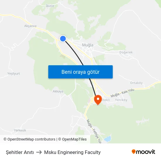 Şehitler Anıtı to Msku Engineering Faculty map