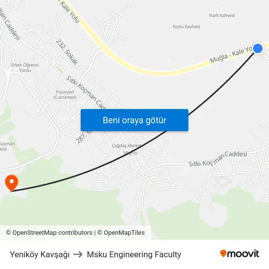 Yeniköy Kavşağı to Msku Engineering Faculty map