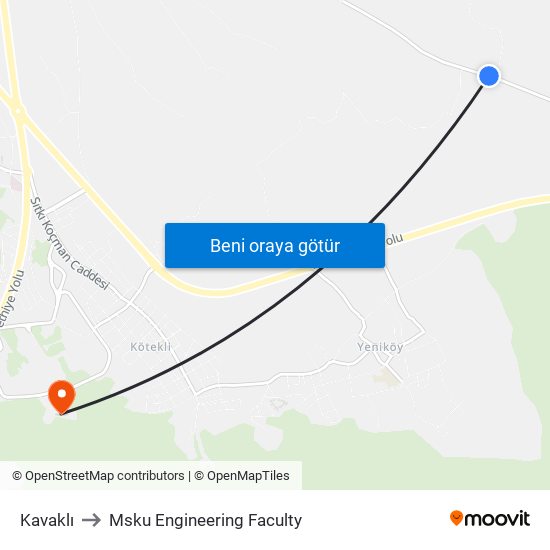 Kavaklı to Msku Engineering Faculty map