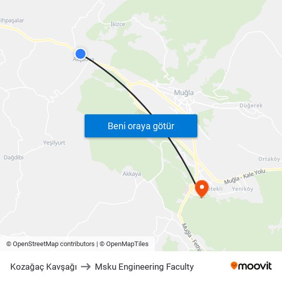 Kozağaç Kavşağı to Msku Engineering Faculty map