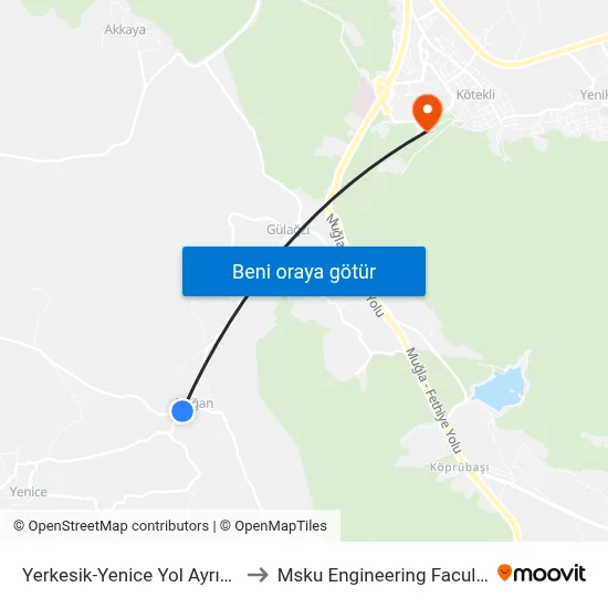 Yerkesik-Yenice Yol Ayrımı to Msku Engineering Faculty map