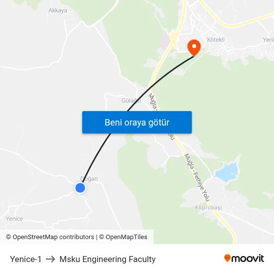 Yenice-1 to Msku Engineering Faculty map