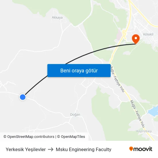 Yerkesik Yeşilevler to Msku Engineering Faculty map