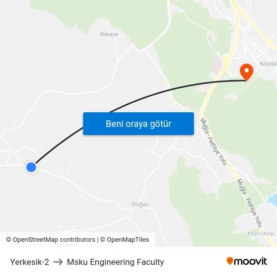 Yerkesik-2 to Msku Engineering Faculty map