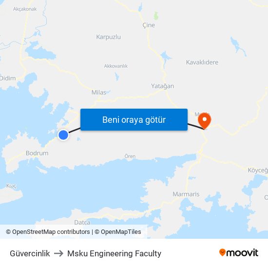 Güvercinlik to Msku Engineering Faculty map