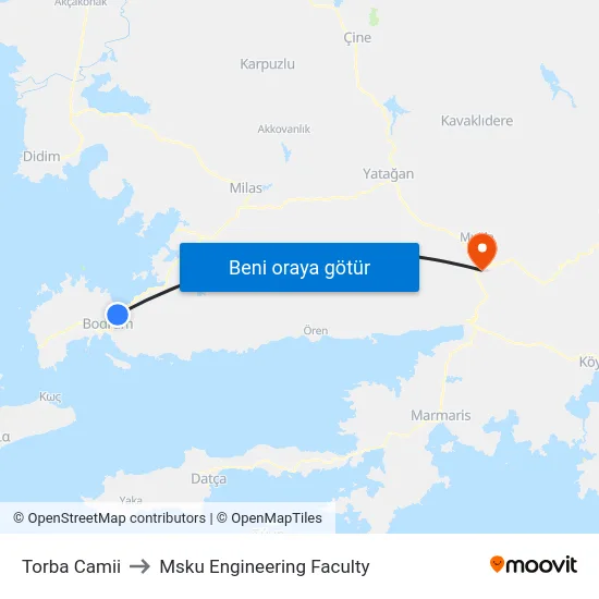 Torba Camii to Msku Engineering Faculty map