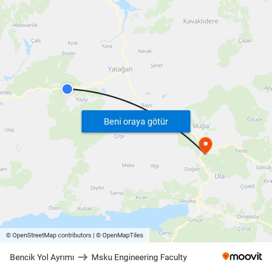 Bencik Yol Ayrımı to Msku Engineering Faculty map