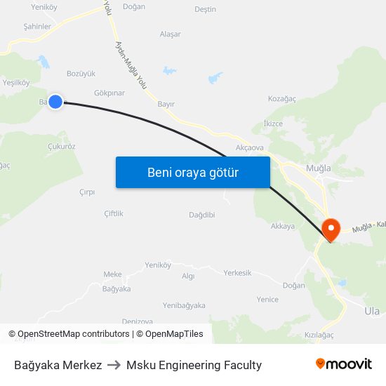 Bağyaka Merkez to Msku Engineering Faculty map