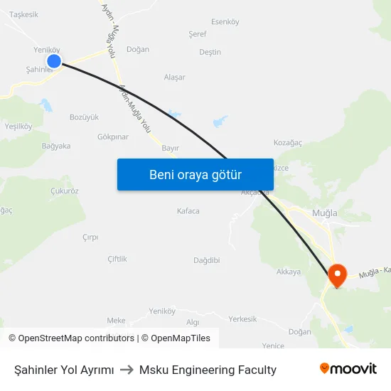 Şahinler Yol Ayrımı to Msku Engineering Faculty map