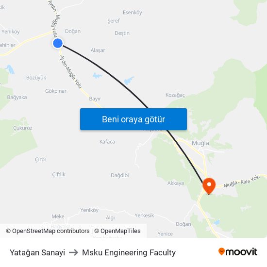 Yatağan Sanayi to Msku Engineering Faculty map