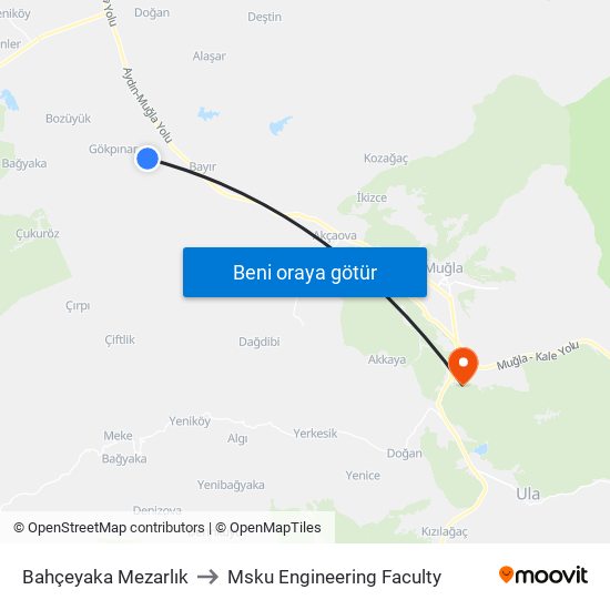 Bahçeyaka Mezarlık to Msku Engineering Faculty map