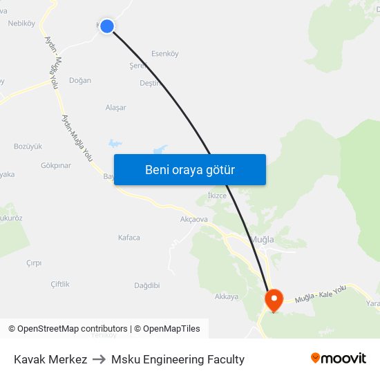 Kavak Merkez to Msku Engineering Faculty map