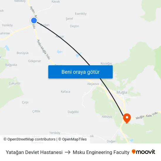 Yatağan Devlet Hastanesi to Msku Engineering Faculty map