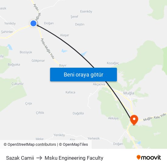 Sazak Camii to Msku Engineering Faculty map