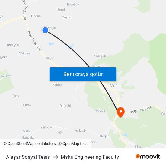Alaşar Sosyal Tesis to Msku Engineering Faculty map