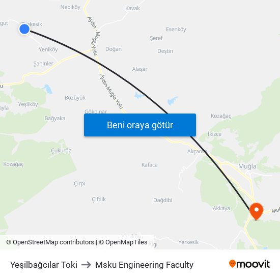 Yeşilbağcılar Toki to Msku Engineering Faculty map