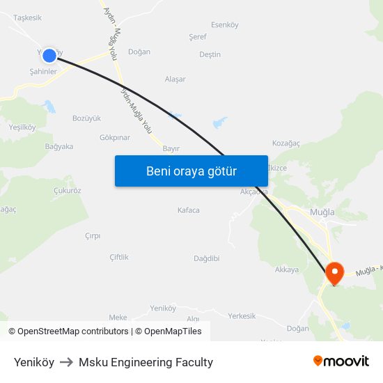 Yeniköy to Msku Engineering Faculty map