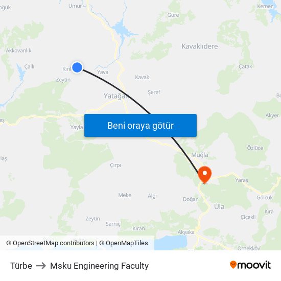 Türbe to Msku Engineering Faculty map