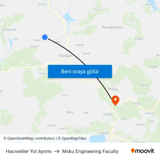 Hacıveliler Yol Ayrımı to Msku Engineering Faculty map